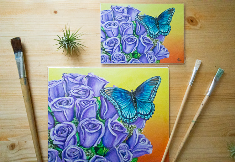 Blue Butterfly & Purple Roses Art Print