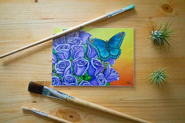 Blue Butterfly & Purple Roses Art Print
