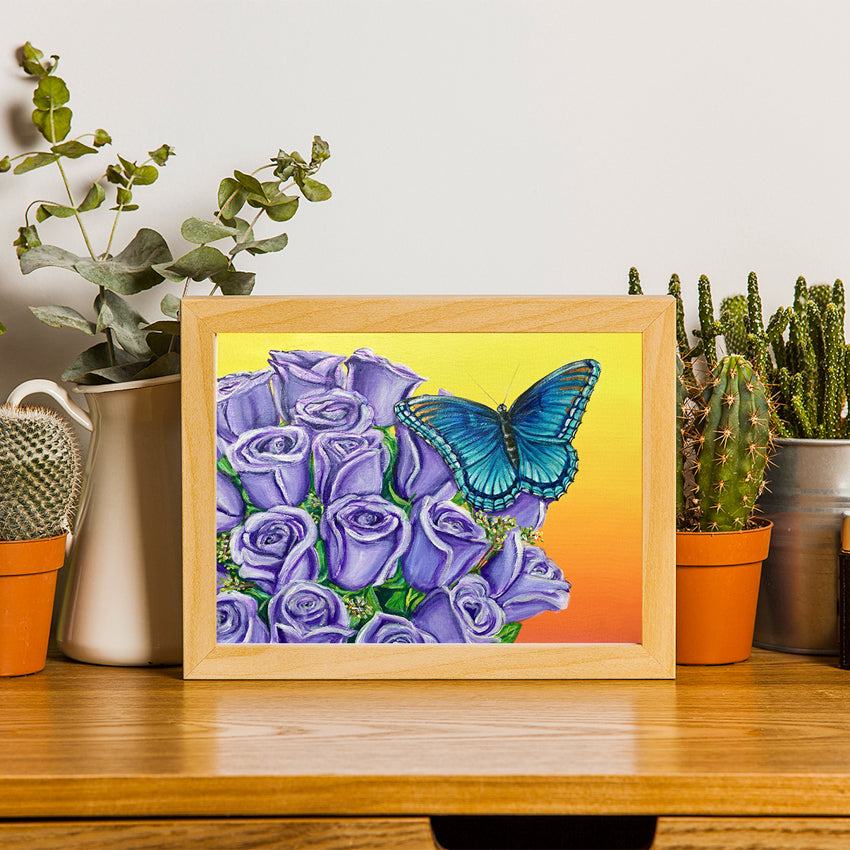 Blue Butterfly & Purple Roses Art Print