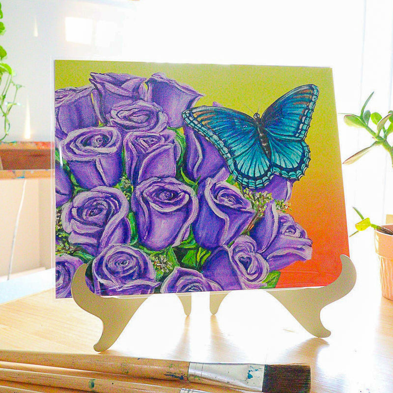 Blue Butterfly & Purple Roses Art Print